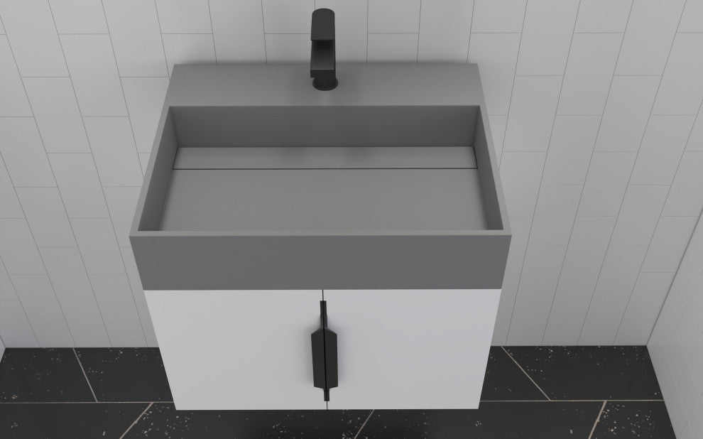 CastelloUSA Amazon 24" Wall Mounted Bathroom Vanity Set, White, Gray Top, Black Handles