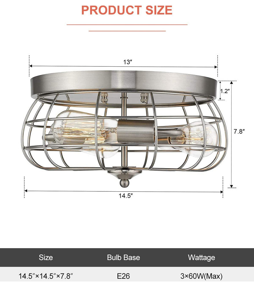 3 Light Flush Mount Ceiling Light, Cage, Ceiling Light, Nickel Finish