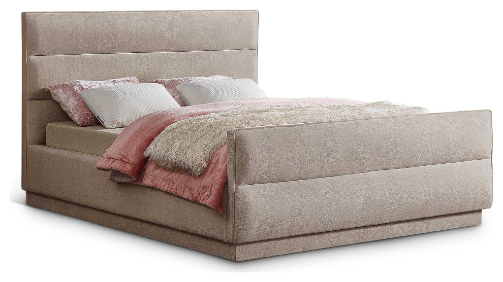 Paxton Chenille Fabric Upholstered Bed, Beige, Full