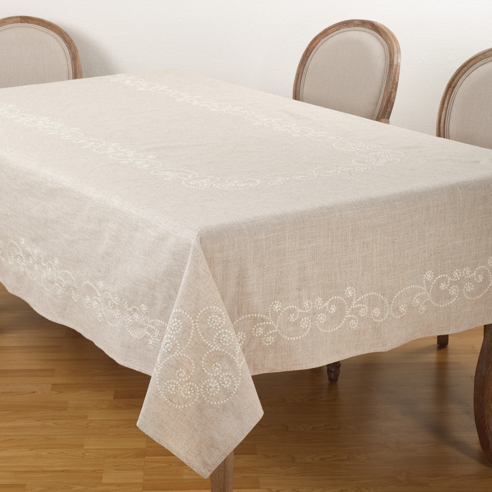 Embroidered Swirl  Natural Linen Blend Tablecloth, 67"x120"