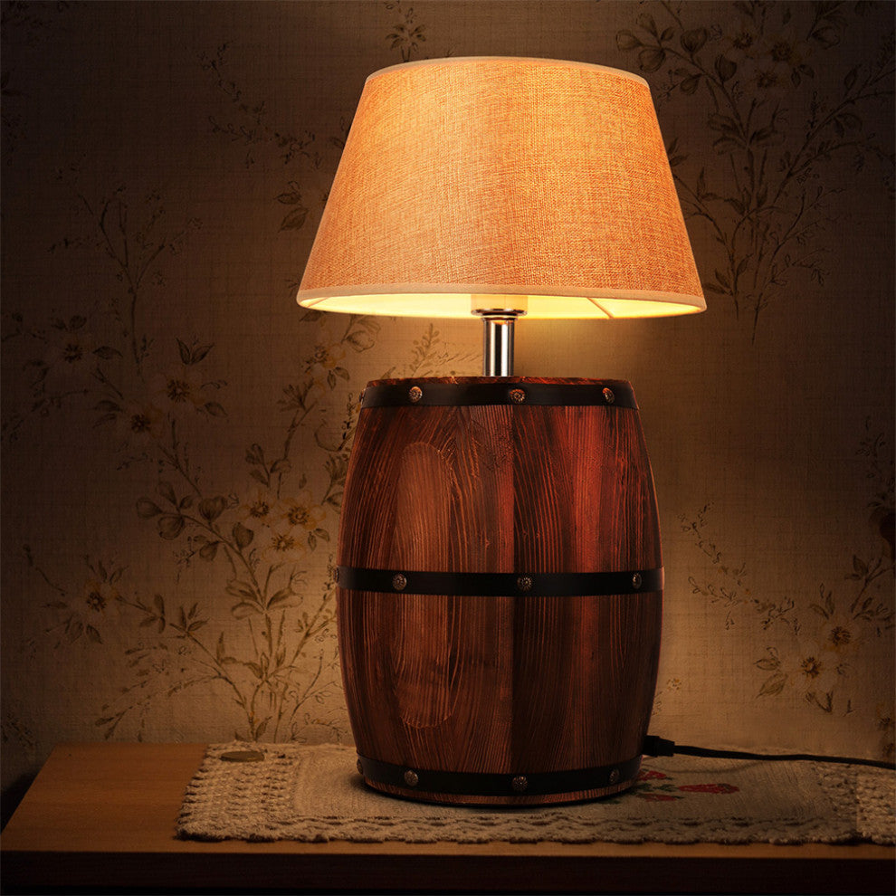 Industrial Wood Wine Barrel LED Table Lamp For Bedroom, Bar