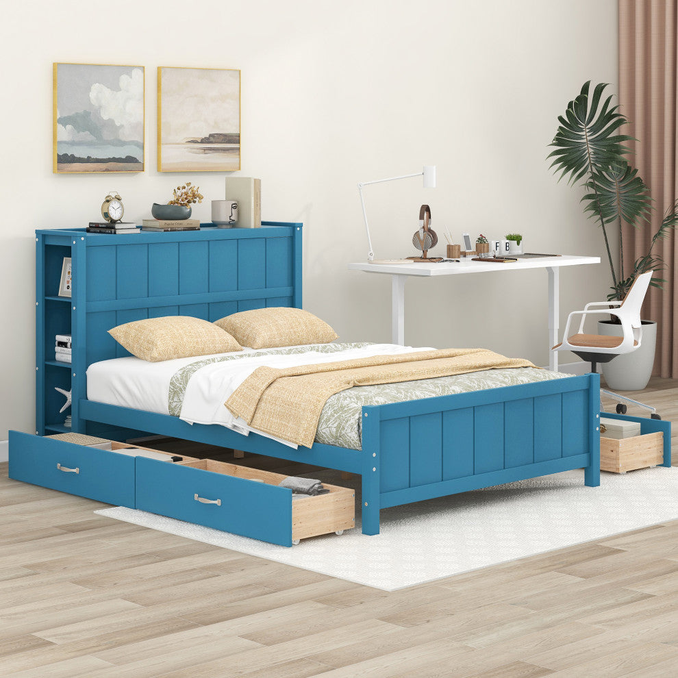 Full Size Platform Bed with Storage Drawers and Headboard Shelves (No mattress), Blue