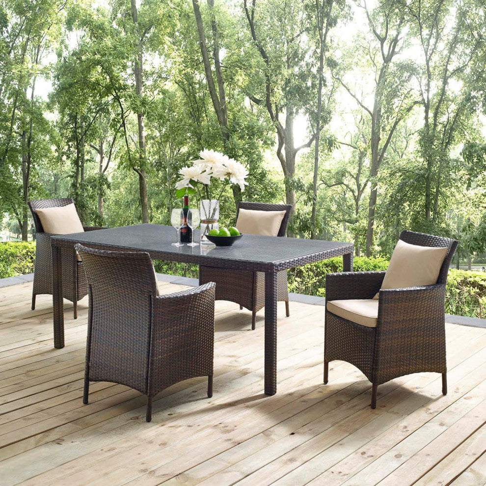 Modern Outdoor Patio Furniture Dining Chair and Table Set, Rattan Wicker, Beige