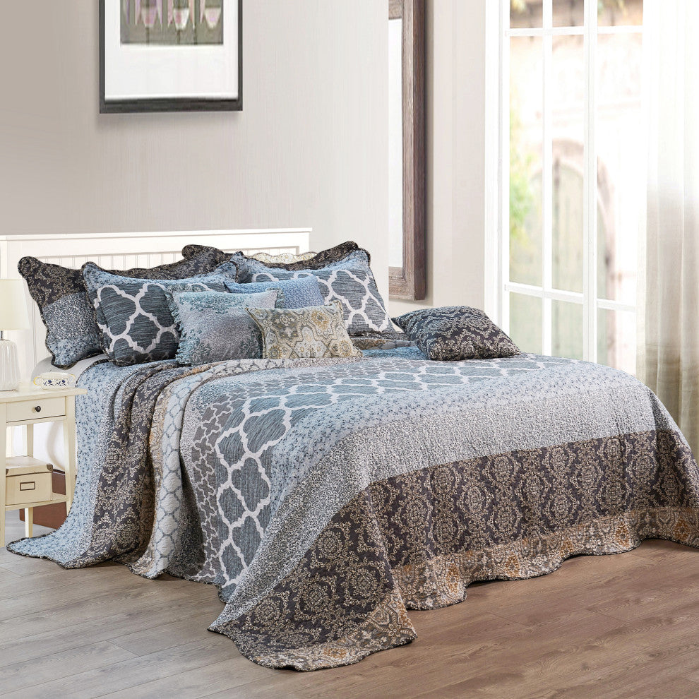 Serenta Floral Medalion 9-Piece Bed Spread Set, Gray, King, 122"x106"