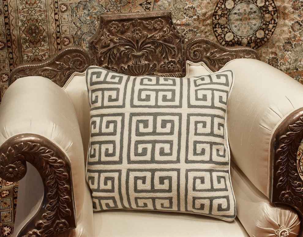 Greek Key Geometric Ivory Gray Accent Pillow Cover Handembroidered Wool 20x20"