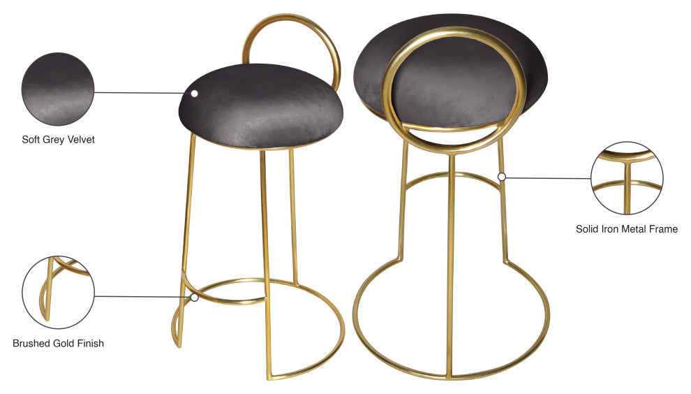 Ring Velvet Upholstered Counter Height Stool with Durable Iron Frame, Gray, Gold Finish