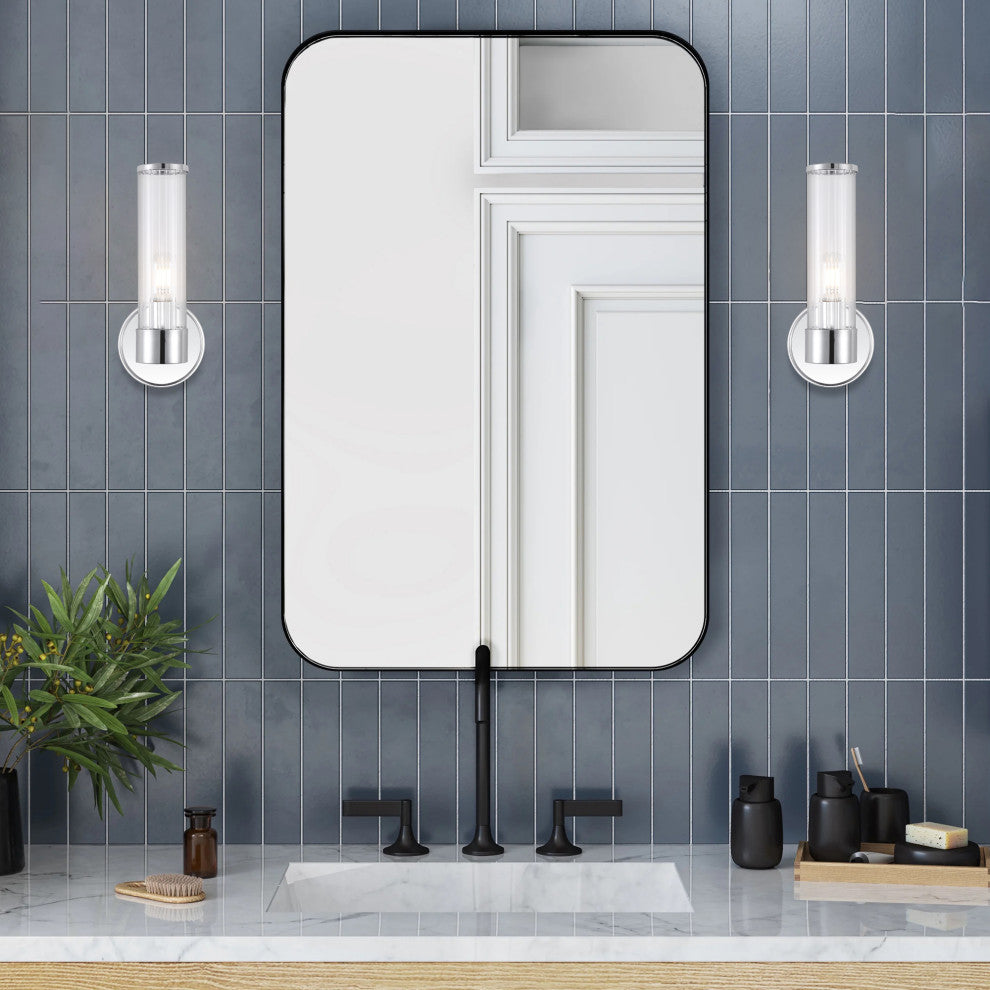 Cecil Tall Cylinder Iron/Striped Glass Modern LED Vanity, Chrome, 1-Light
