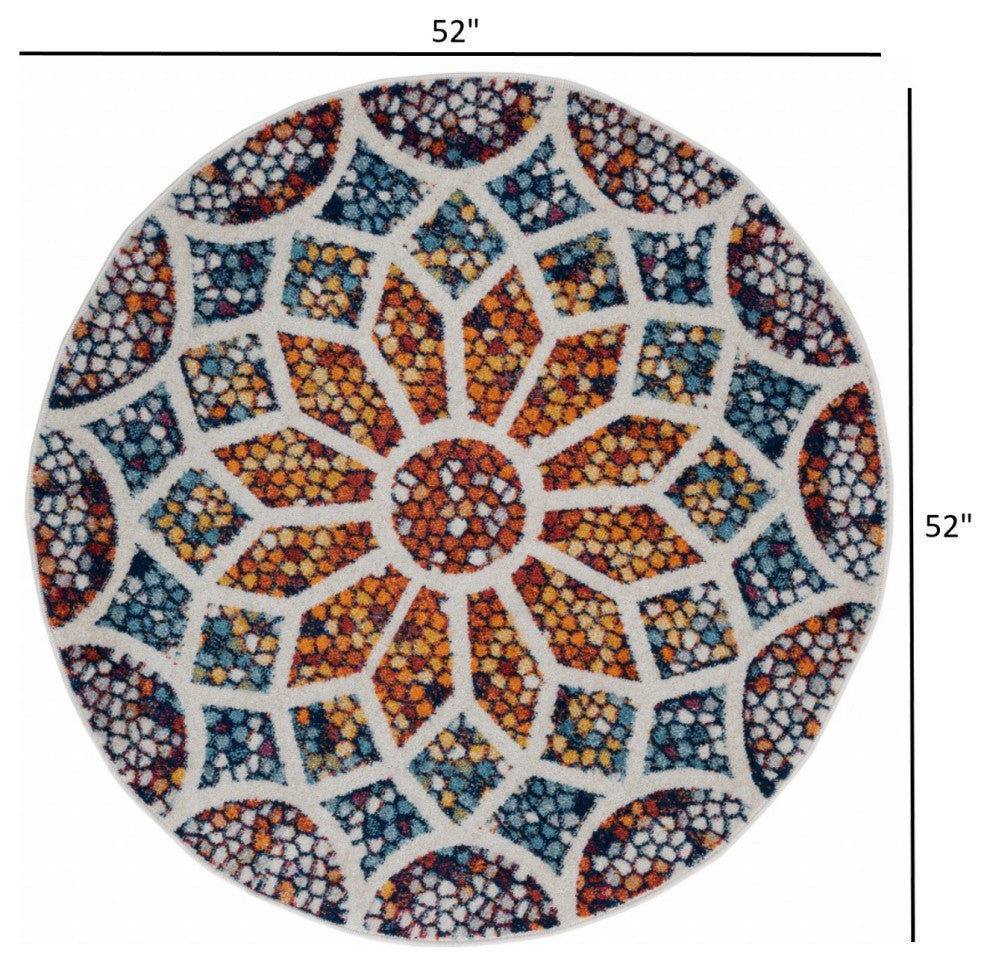 4' Round Multicolored Floral Mosaic Area Rug