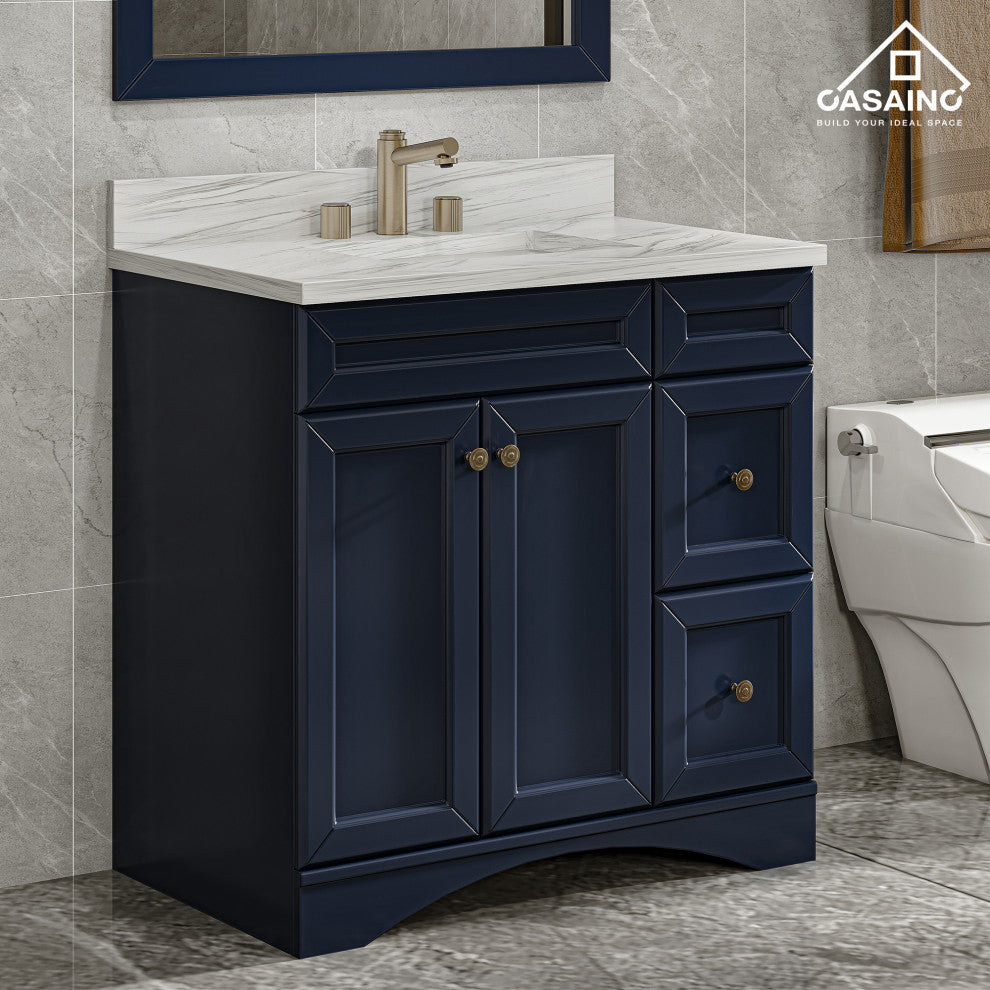 Single Sink Bath Vanity in Navy Blue with White Marble Top and Basin, 36in