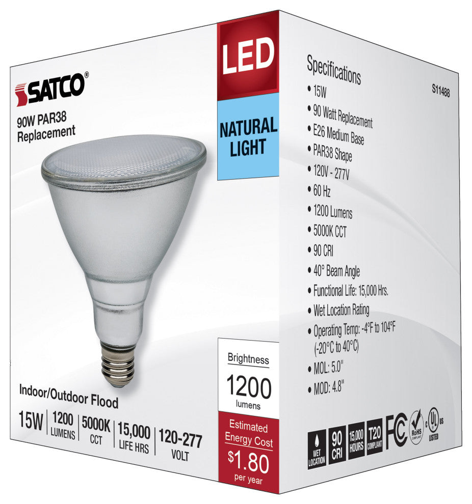 15W PAR38 LED, 5000K, Medium Base, 120-277V, 90 CRI