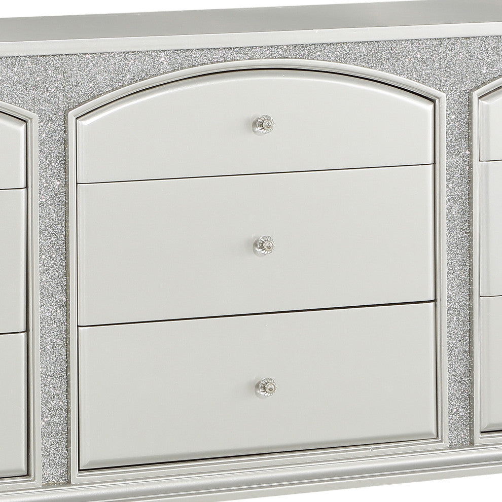 Benzara BM204550 9 Drawer Wooden Dresser With Rhinestone Inlays, Silver