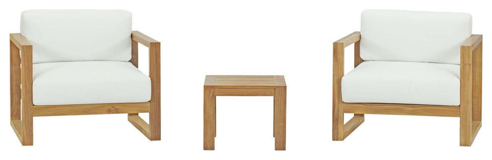 Lounge Armchair Chair Table Set, White Natural, Wood, Modern, Outdoor Patio