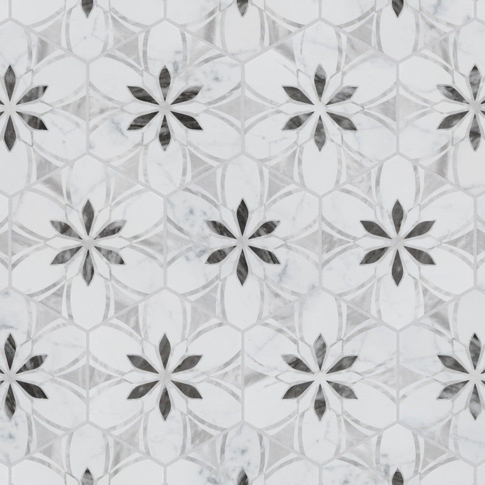 Classico Bardiglio Hex Dahlia Porcelain Floor and Wall Tile Sample, White