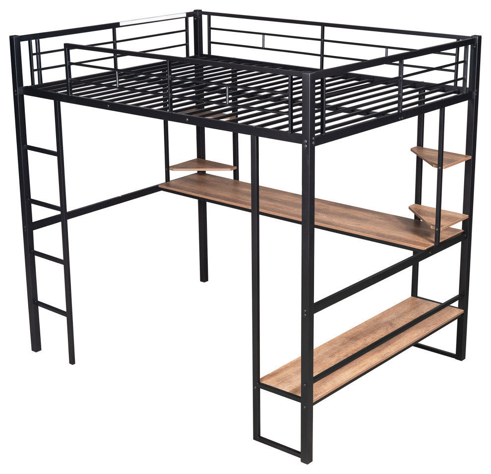 Gewnee Full Size Loft Metal&MDF Bed with Long Desk and Shelves in Black