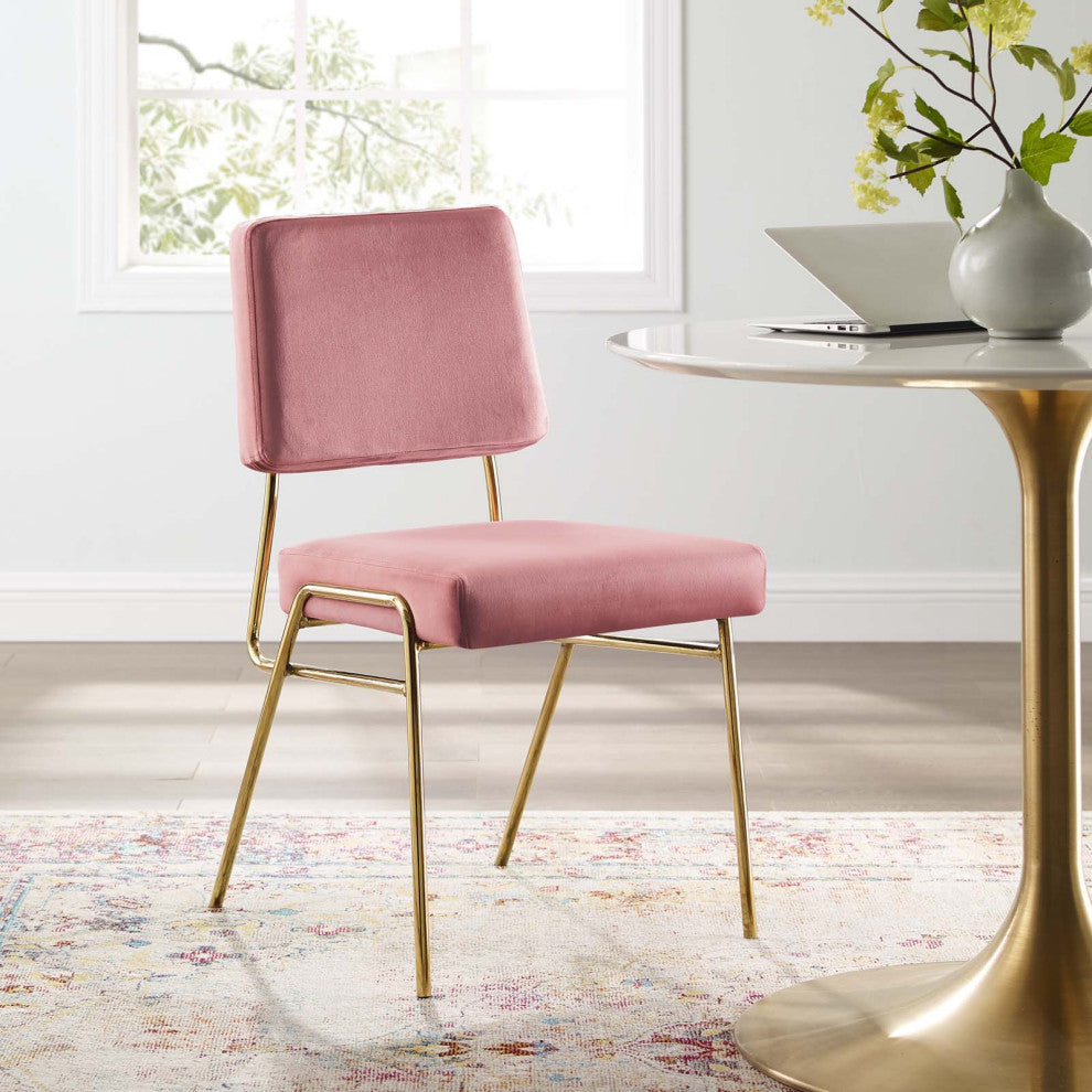 Side Dining Chair, Velvet, Metal, Gold Pink, Modern, Cafe Bistro Restaurant