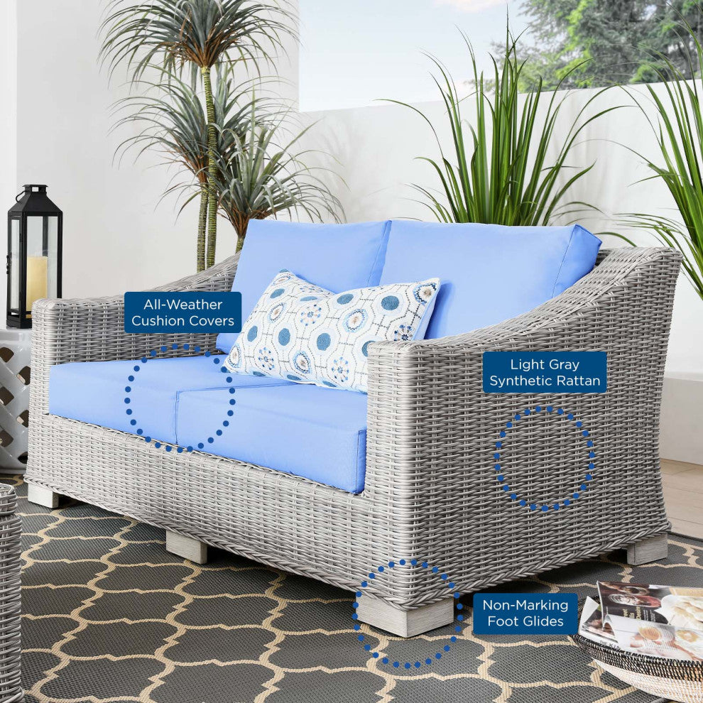 Lounge Loveseat Sofa, Rattan, Wicker, Gray Blue, Modern, Outdoor Patio Cafe
