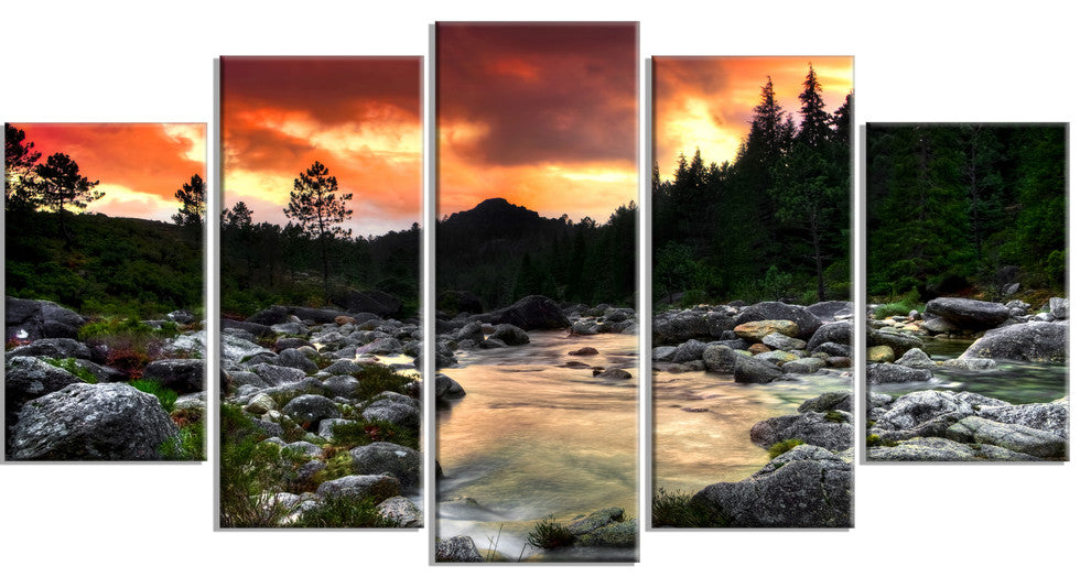 "Rocky Mountain River At Sunset" Wall Art Landscape, 5 Panels, 60"x32"