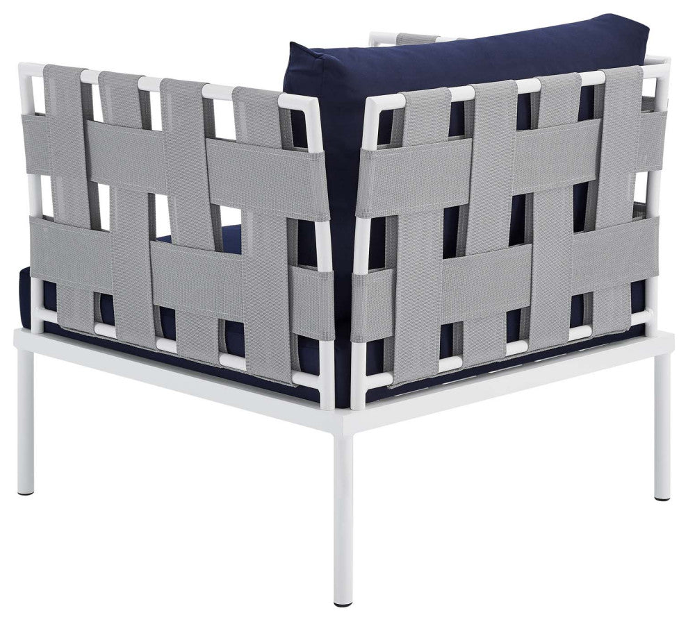 Sectional Sofa Chair Table Set, Sunbrella, Aluminum, Gray Blue Navy, Outdoor