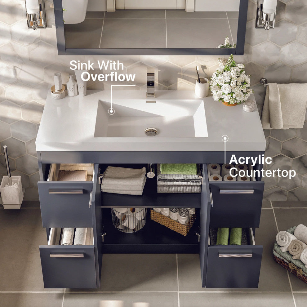 Eviva Lugano 42" Gray Modern Bathroom Vanity with White Integrated Acrylic Sink