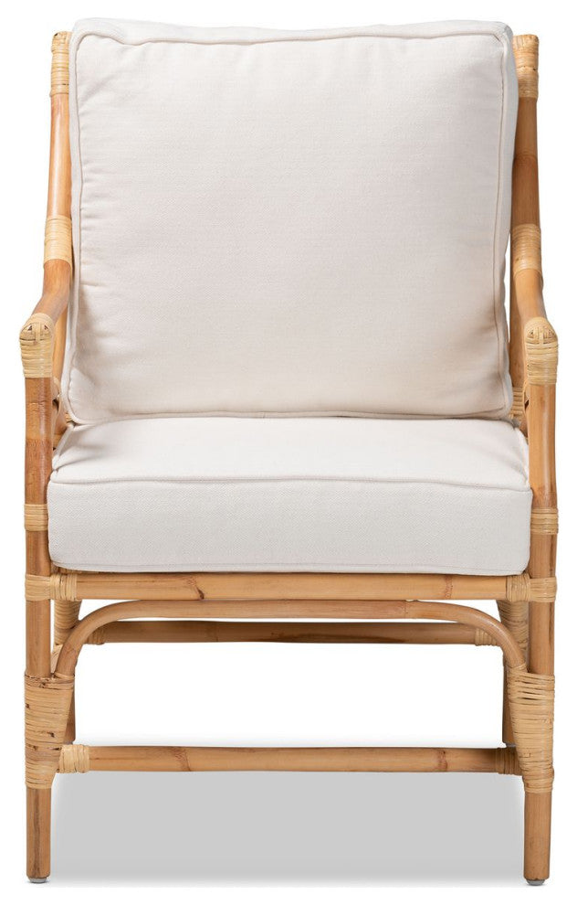 Brandon Modern Bohemian White Fabric Upholster and Natural Brown Rattan Armchair