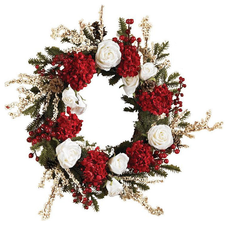 24" Hydrangea With White Roses Wreath