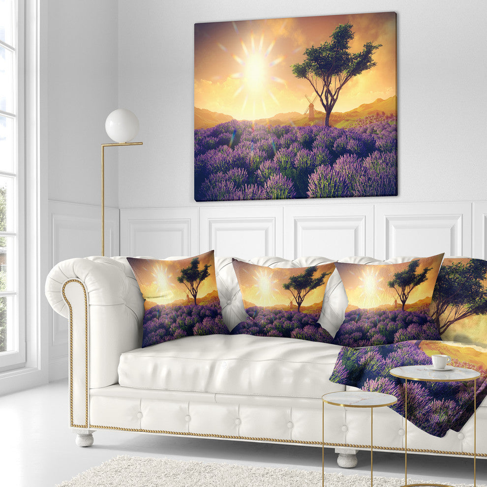 Lavender Field With Solitary Tree Landscape Printed Throw Pillow, 16"x16"