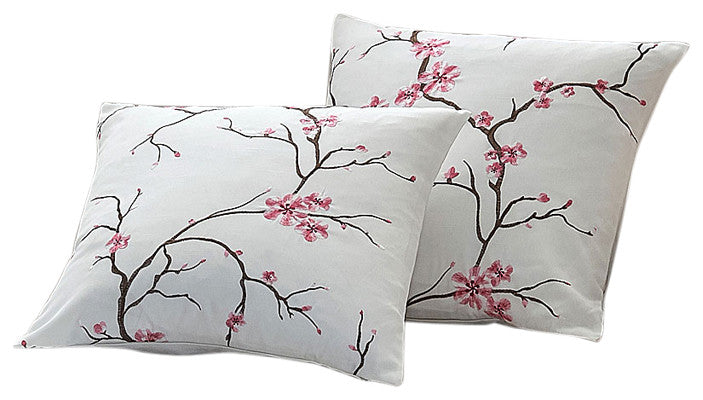 Cherry Blossom Embroidery 2 Piece Pillow Covers, Pink, 20" X 20"