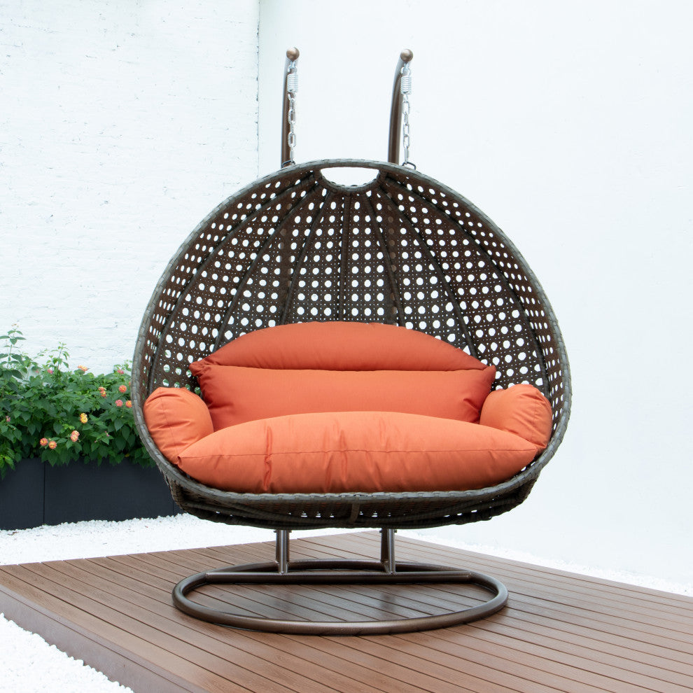 2 Person Beige Wicker Double Hanging Egg Swing Chair, Orange