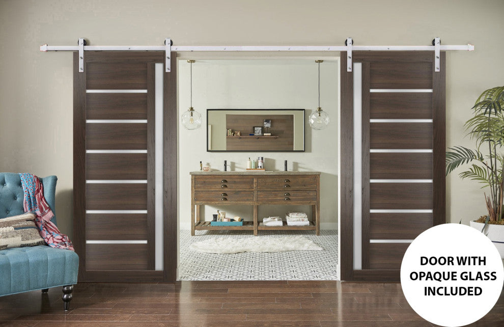 Double Barn Door 56 x 96 Frosted Glass, Quadro 4088 Chocolate Ash, Silver 13FT