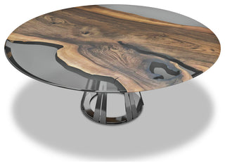 Atalante Walnut Round Table, Smoked Top & Dark Chrome Base, 4 Seater