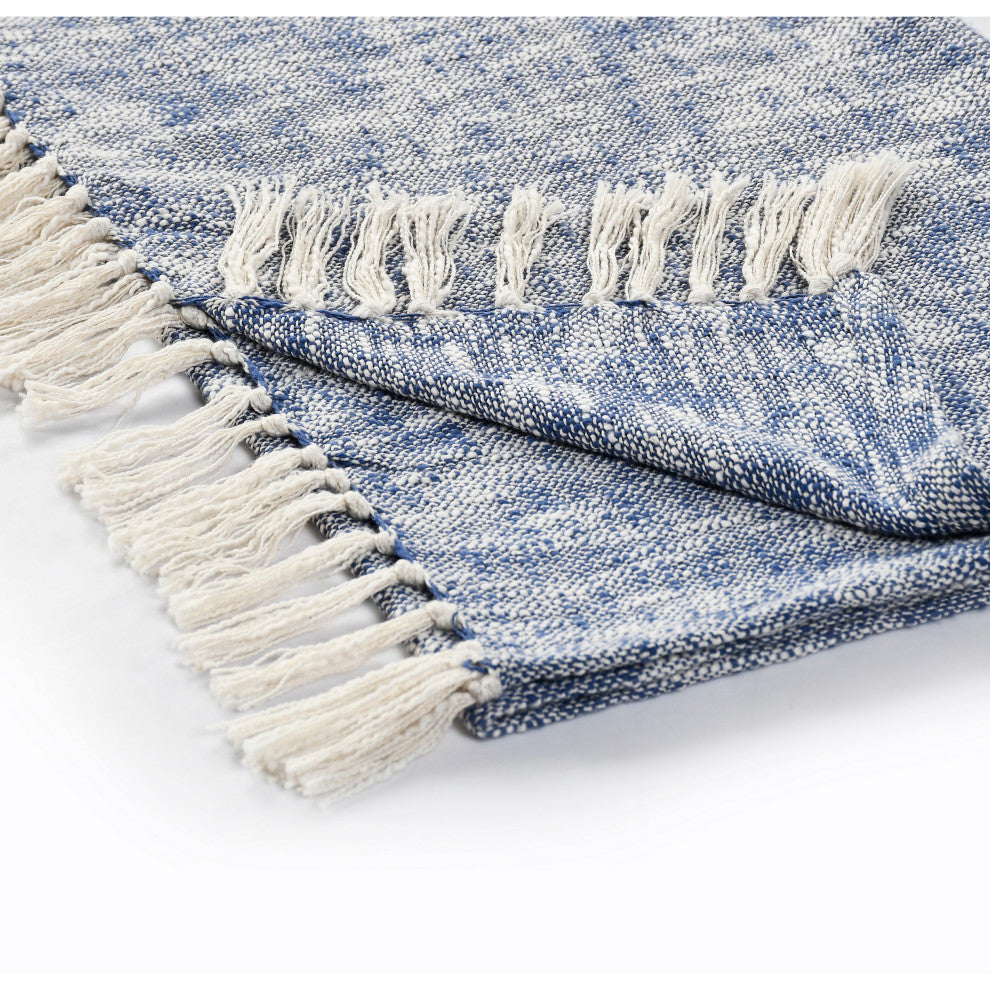 Boho Chambray Throw Blanket with Fringe, Navy Blue