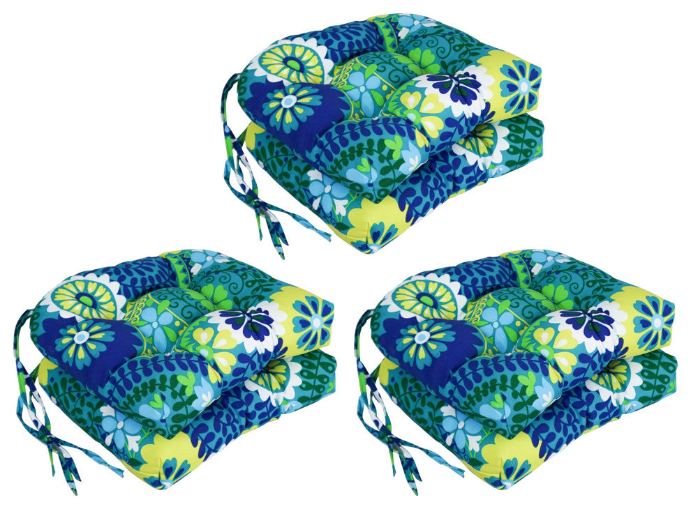 16" Patterned Outdoor U-Shaped Tufted Chair Cushions, Set of 6, Luxury Azure