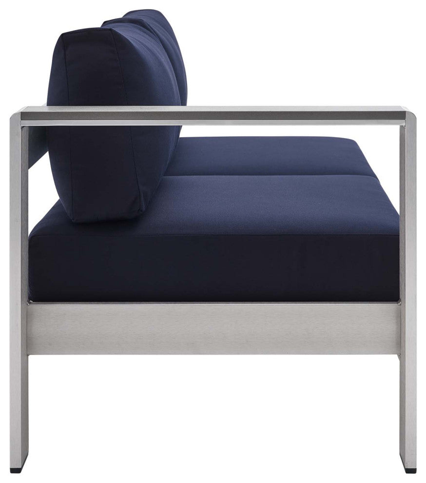 Lounge Loveseat Sofa, Sunbrella, Fabric, Aluminum, Silver Blue Navy, Outdoor