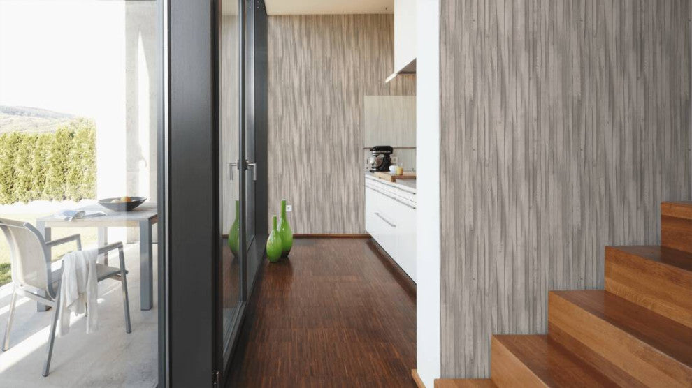 Loft Nature Textured Wallpaper Featuring Wooden Beam, Beige Gray, Sample