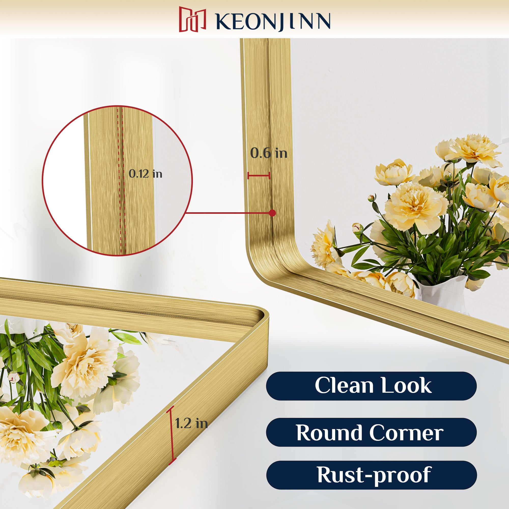 Metal Frame Decorative Rectangular Wall Mount Mirror, Gold, 36"x36"