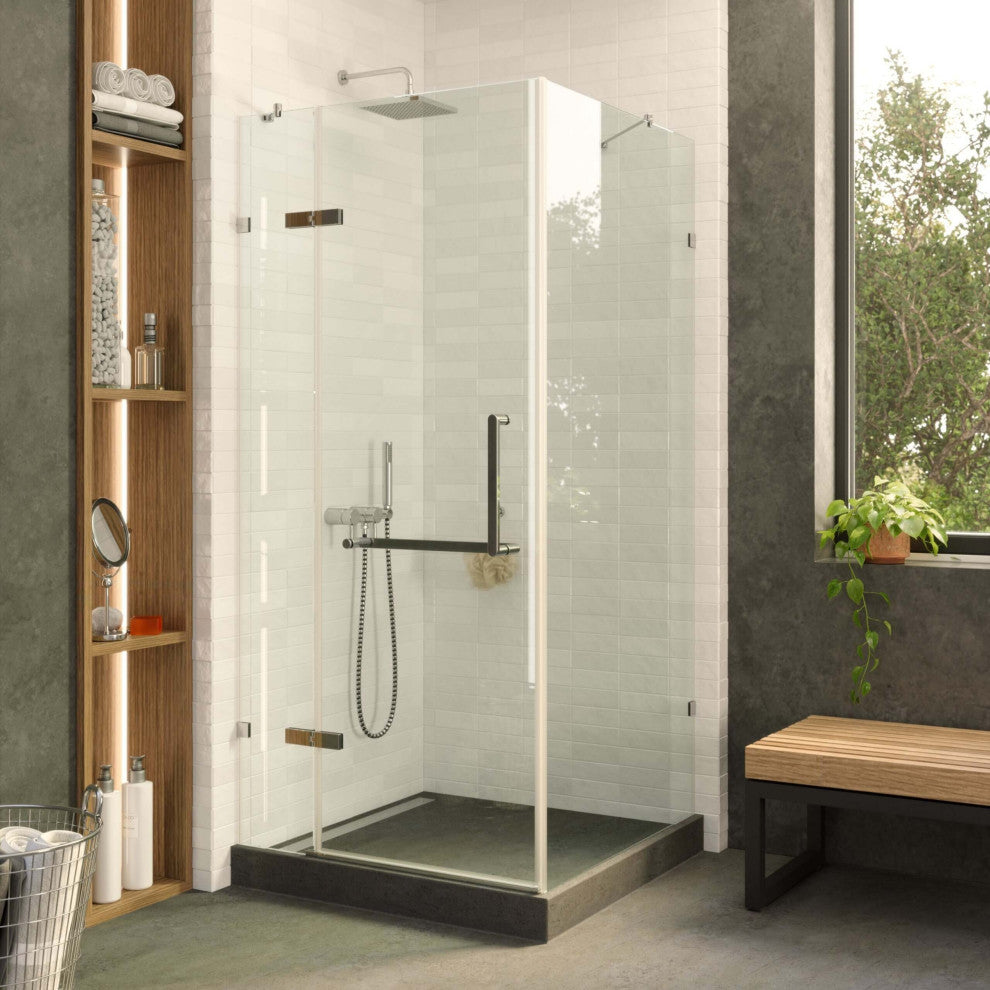 Shower Enclosure Hinged Frameless Tempered Glass, Polished Chrome, 42"
