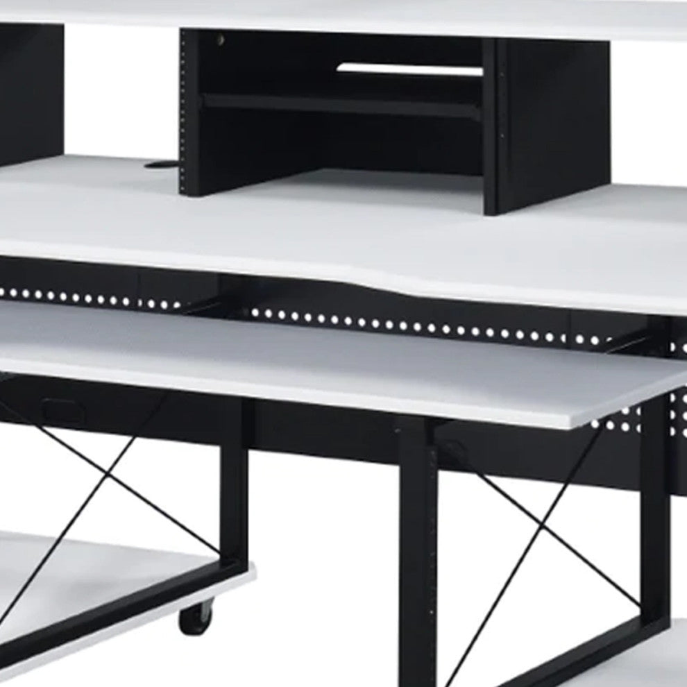 Benzara BM276206 Desk Workstation, Crossed Metal Panels, Keyboard Tray, White