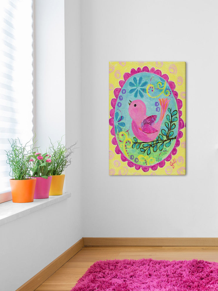"Pink Bird Sings" Painting Print on Wrapped Canvas