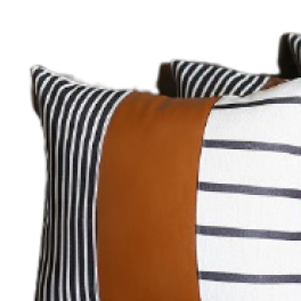 Set of 4 Blue and White Stripes With Faux Leather Pillow Covers