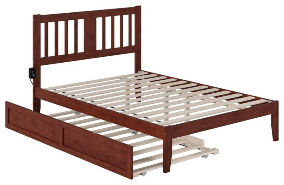 Pemberly Row Solid Wood Full Bed with Twin Trundle and USB Charger in Walnut