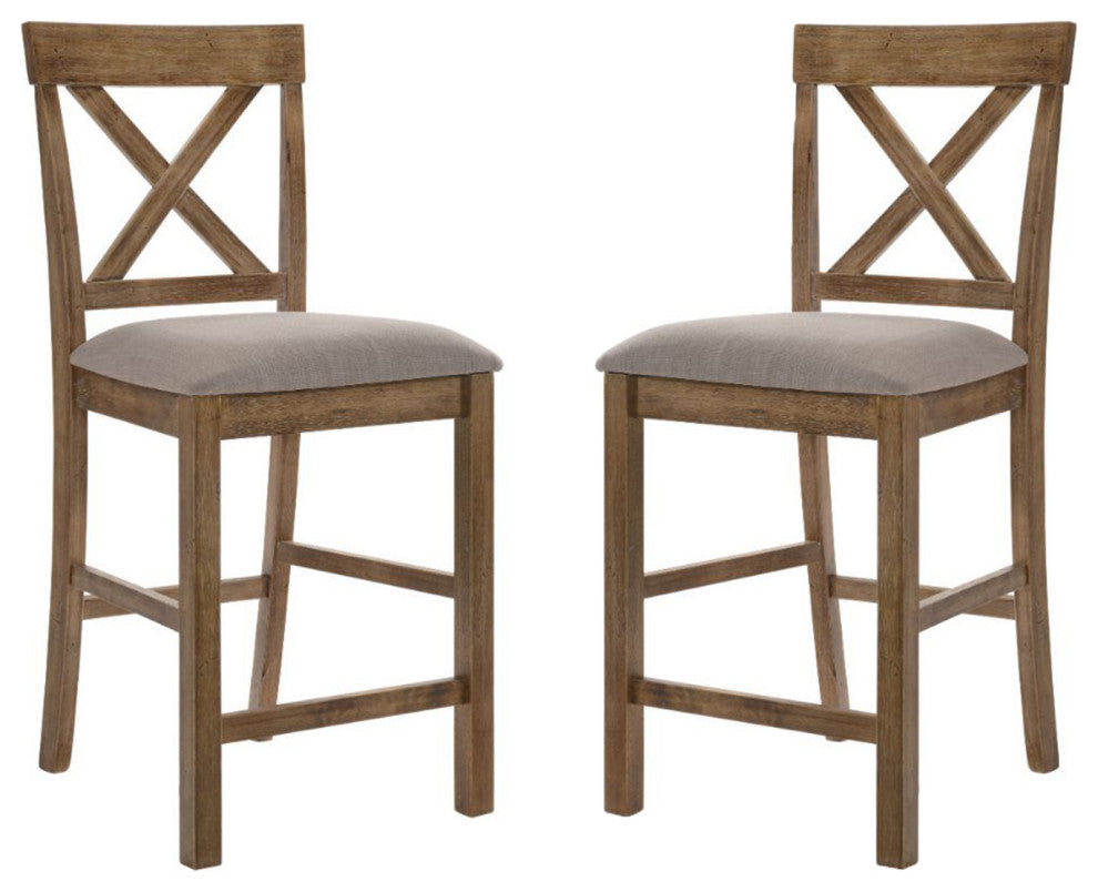 Set of 2 Linen Upholstered Counter Height Chair, Tan Linen/Weathered Oak