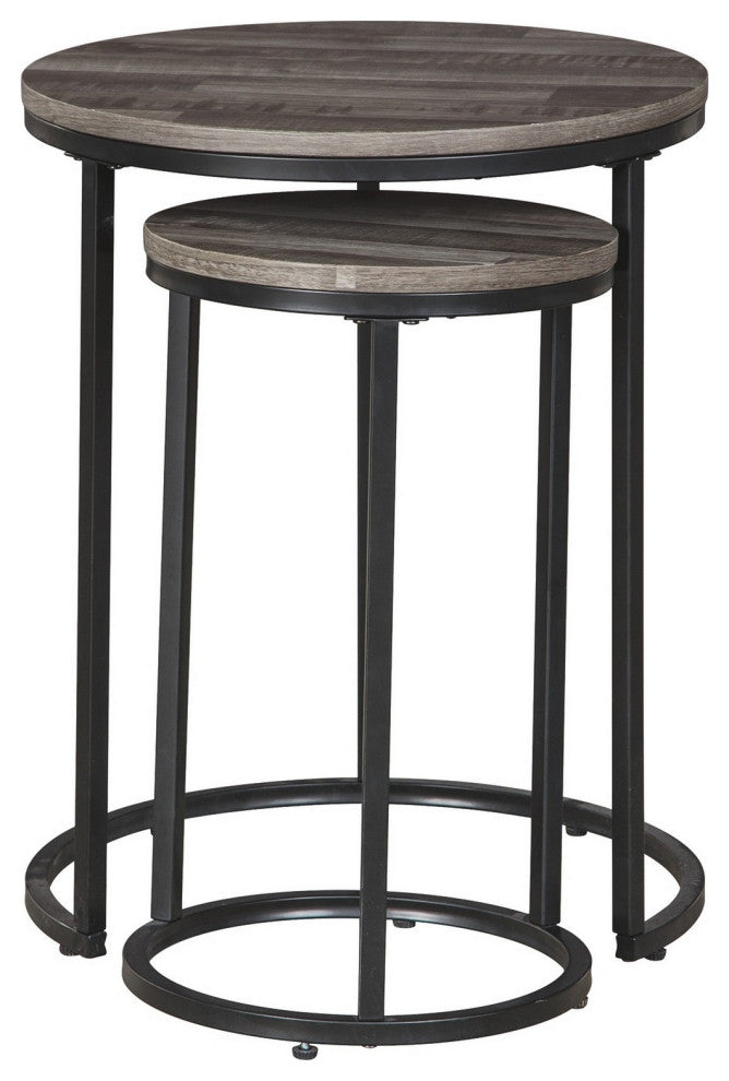 Benzara BM230944 Round Wooden Top Metal Accent Table, 2-Piece Set, Gray/Black