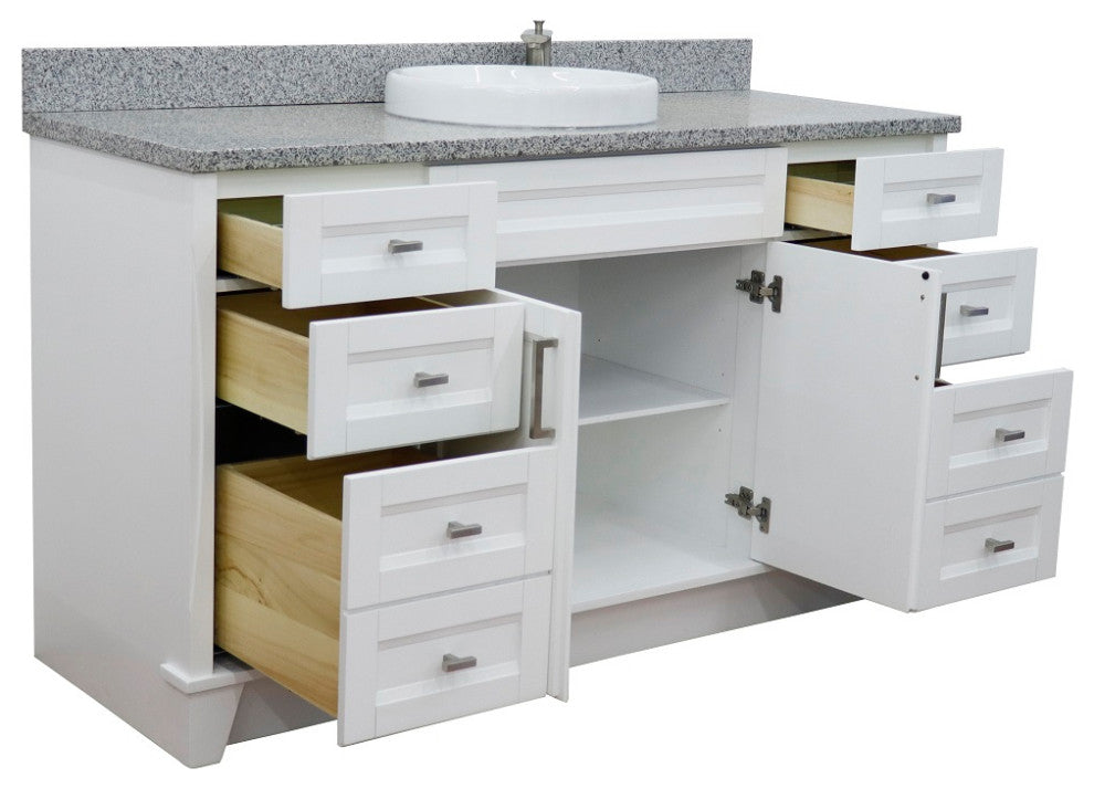 61" Single Sink Vanity, White Finish And Gray Granite And Round Sink