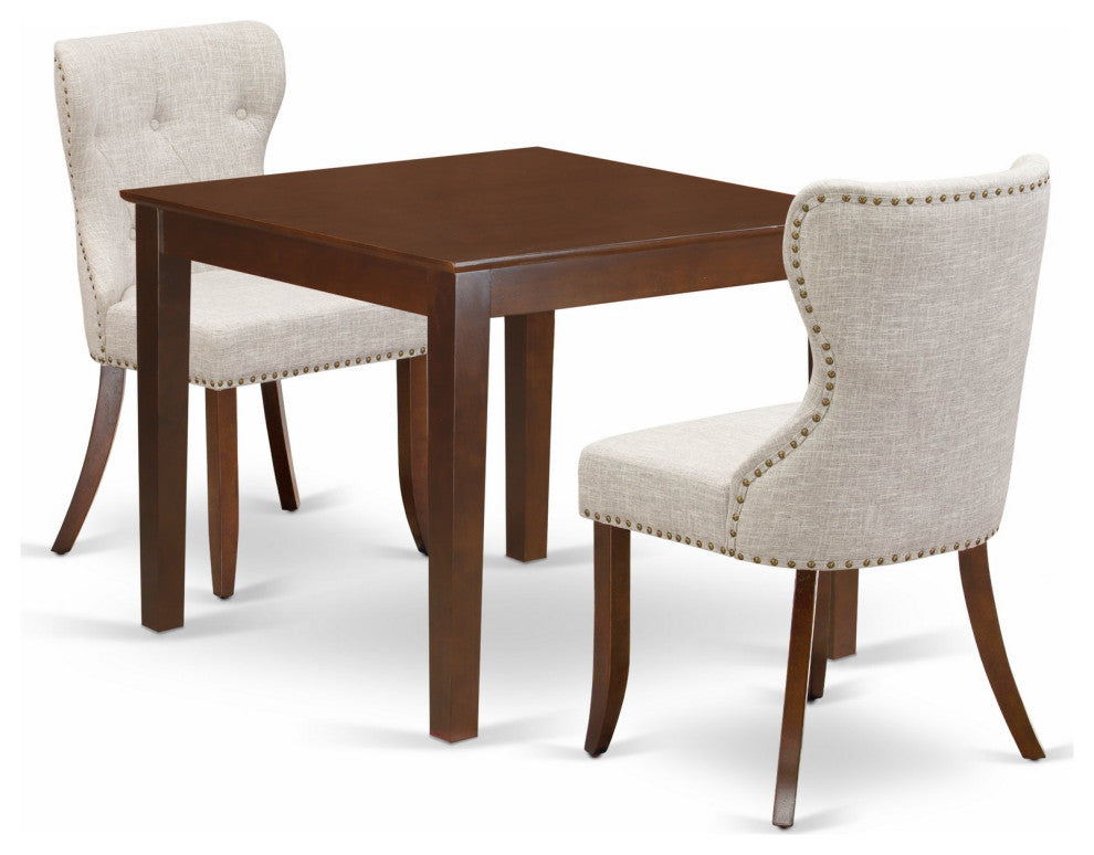 A Dining Set Of 2 Chairs, Doeskin Color, Beautiful Wood Table In Mahogany Finish