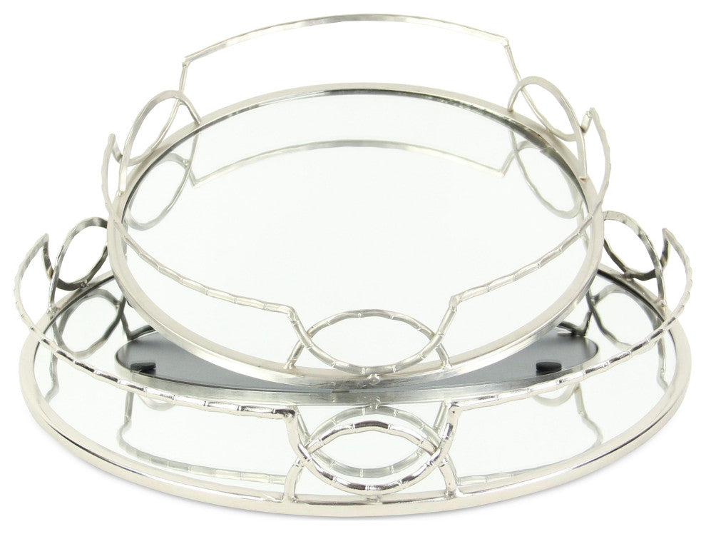 Mianzi Round Bamboo-Inspired Rim Silver Metal Trays (Set of 2)