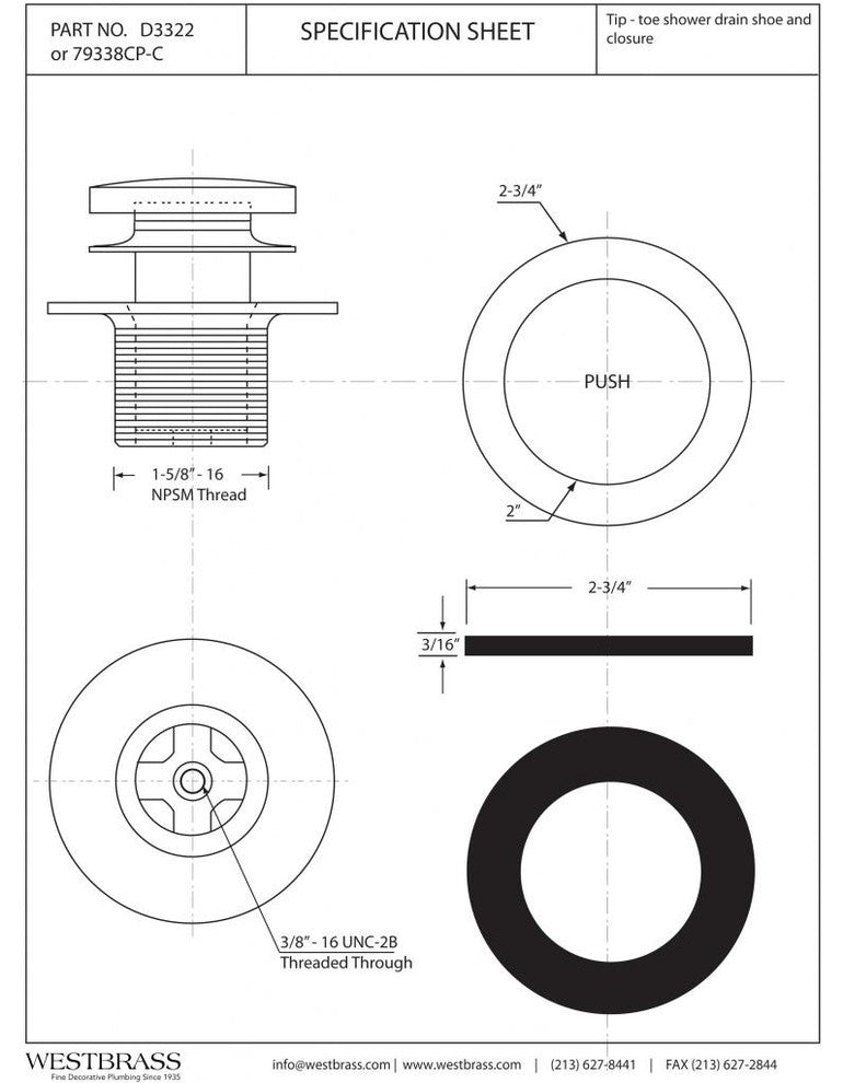 Tip Toe 1-3/8" Npsm Fine Thread Bath Drain In Powder Coated White