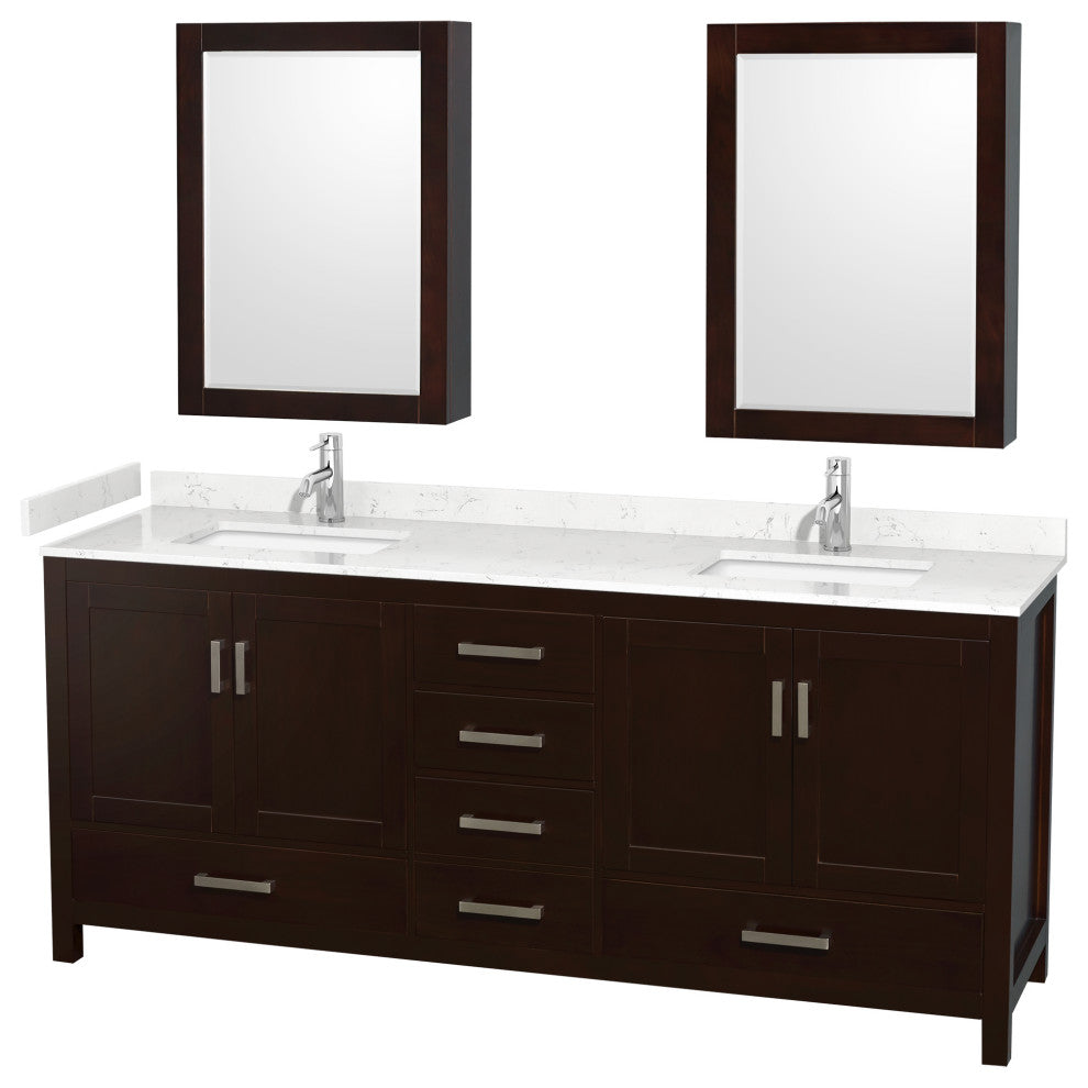 80"DBL Vanity Espresso, Carrara Cult. Marble Countertop, Sinks, Med. Cabinets