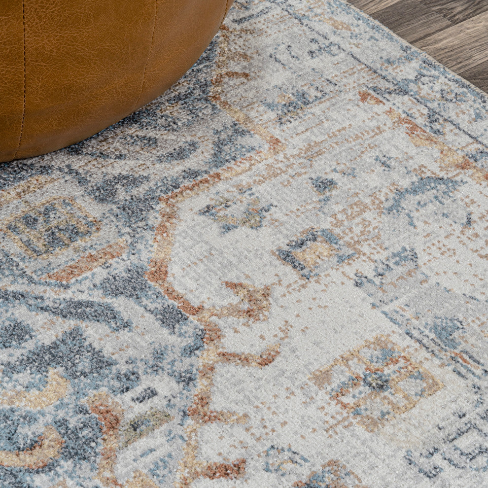 Shaemus Bohemian Medallion Low-Pile Machine-Washable Rug, Cream/Blue/Terra 5x8