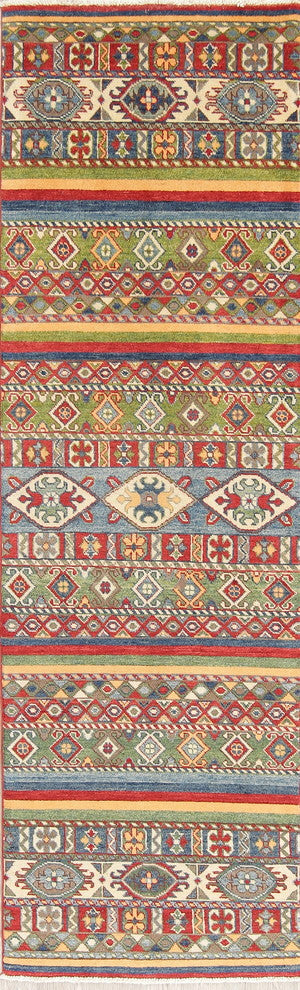Hand-Knotted Pakistani Kazak Oriental Wool Traditional Runner Rug, 8'8"X2'8"
