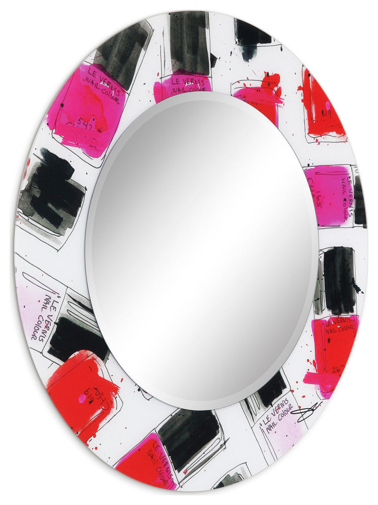 "Candy" Round Beveled Wall Mirror on Floating Printed Tempered Art Glass